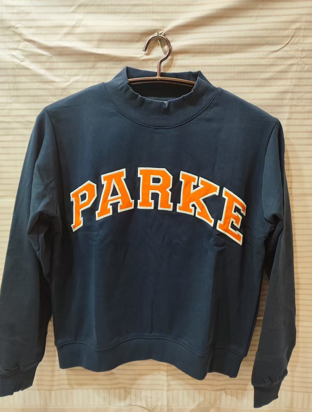✨Navy Blue Mock Neck Sweatshirt Orange Varsity Letter Graphic